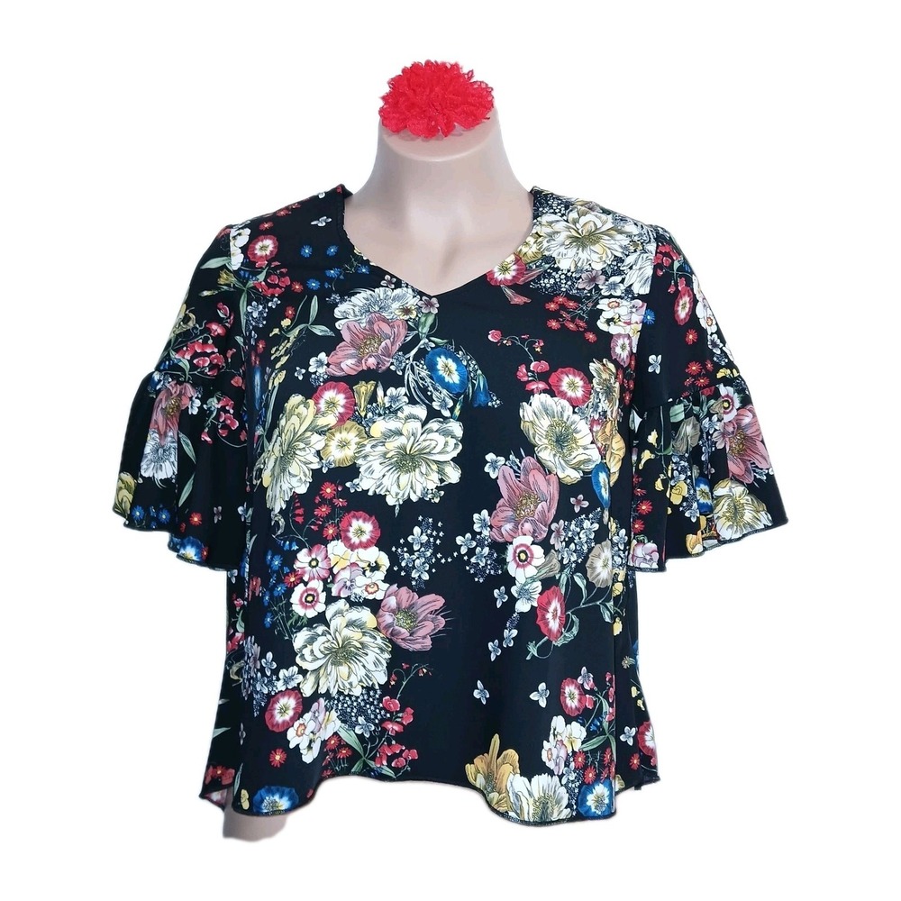 Catherine Malandrino Bell Sleeve Top Medium Black Women Floral Dark Romantic